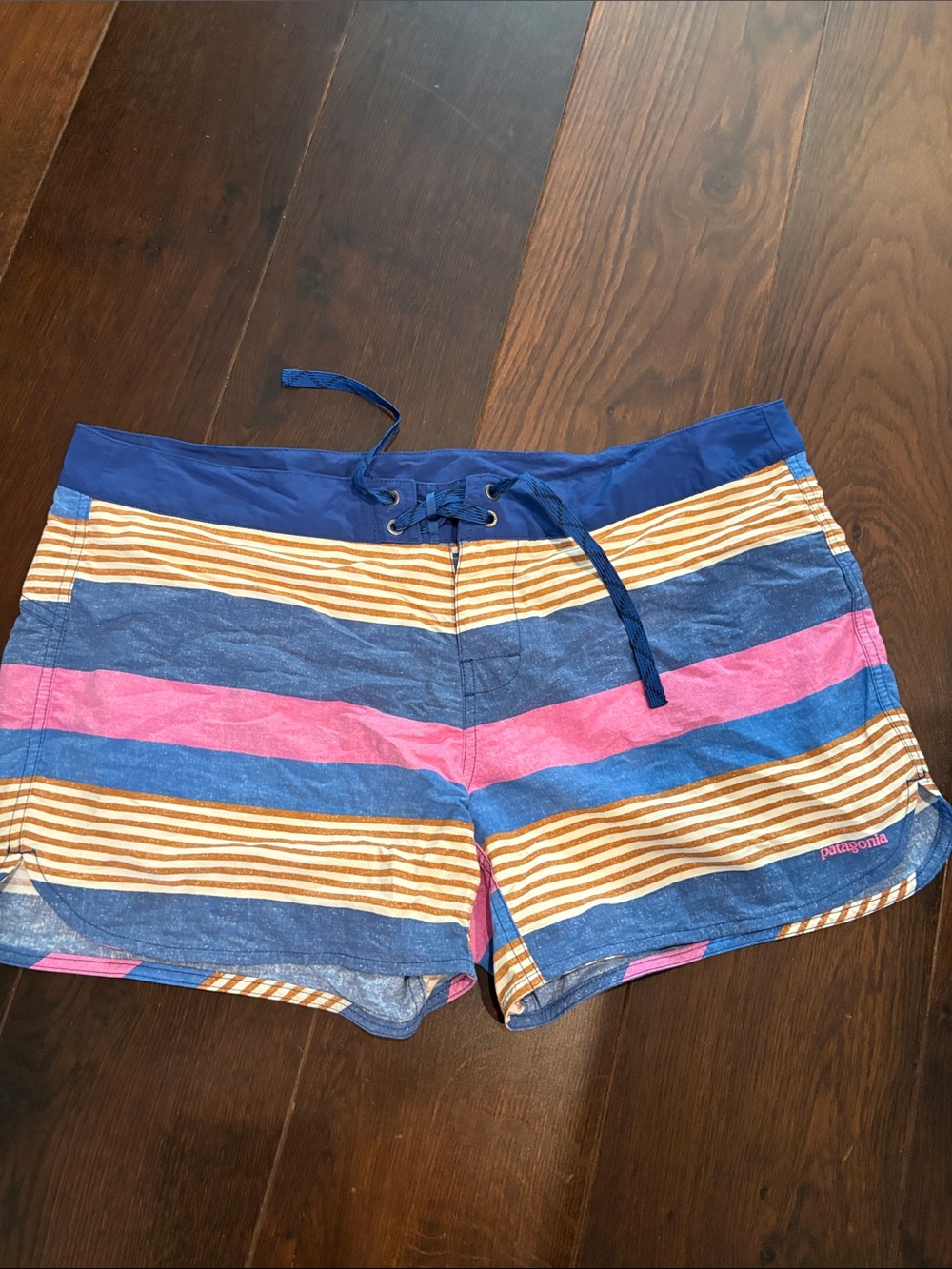 Patagonia Men’s Blue, Pink & Tan Striped Athletic Shorts